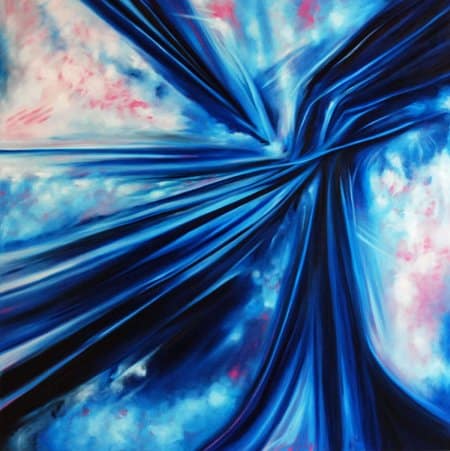 "Intersection with Reality" by Colleen Critter, an artwork with a mix of blues, pinks and white