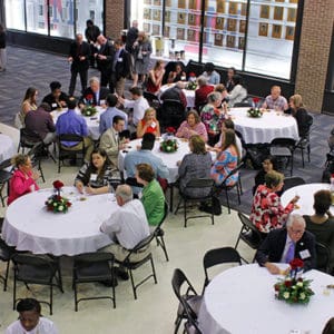 Overhead view of Donors and Recipients at tables during the reception.