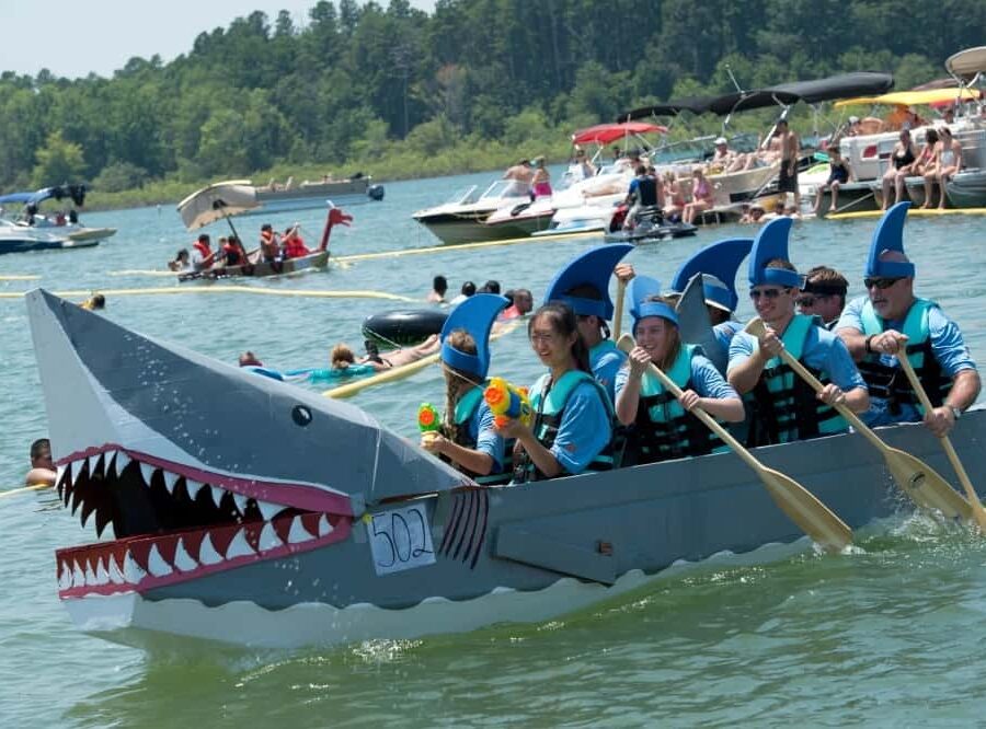 Cardboard boat race participants