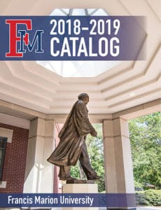 Catalog cover showing photo of statue of Dr. Doug Smith on the rotunda behind Stokes Administration Building.