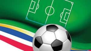 graphic of soccer ball, field and colorful stripes