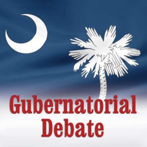 South Carolina flag with Gubernatorial Debate in red text
