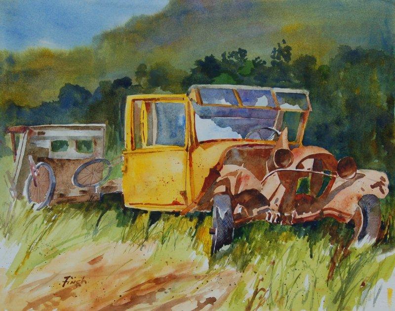A painting of a run-down car.