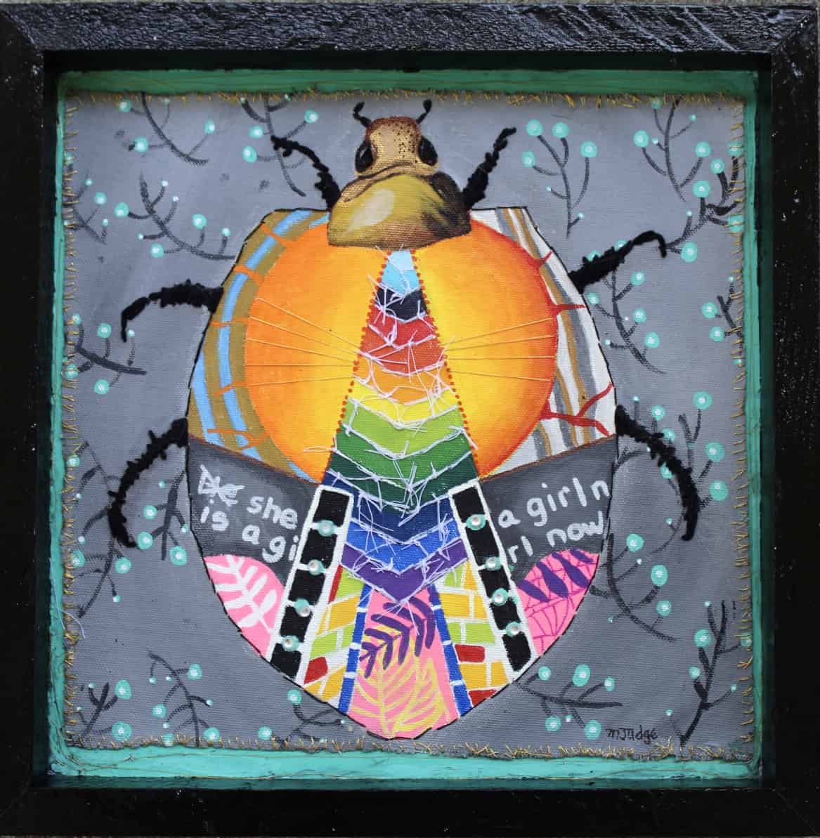 A collage depicting a colorful beetle.