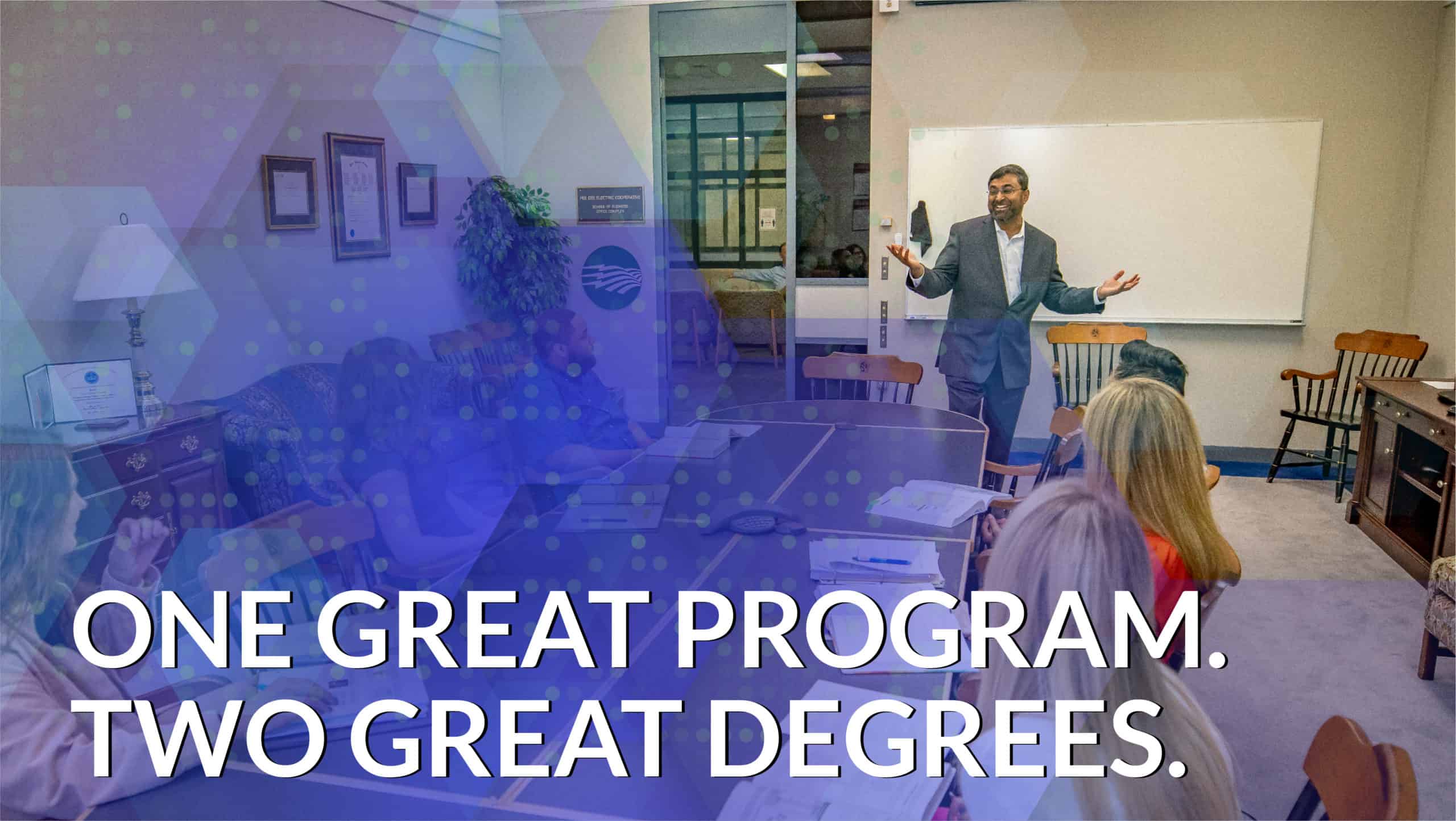 MBA-WebHeader2 A business professor with the text, "One great program. Two great degrees."