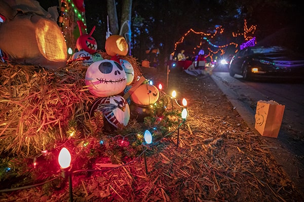 Decorations adorn a haybale at FM A'Glow