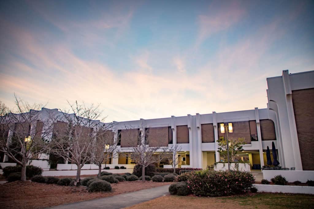 Founder's Hall in the evening.