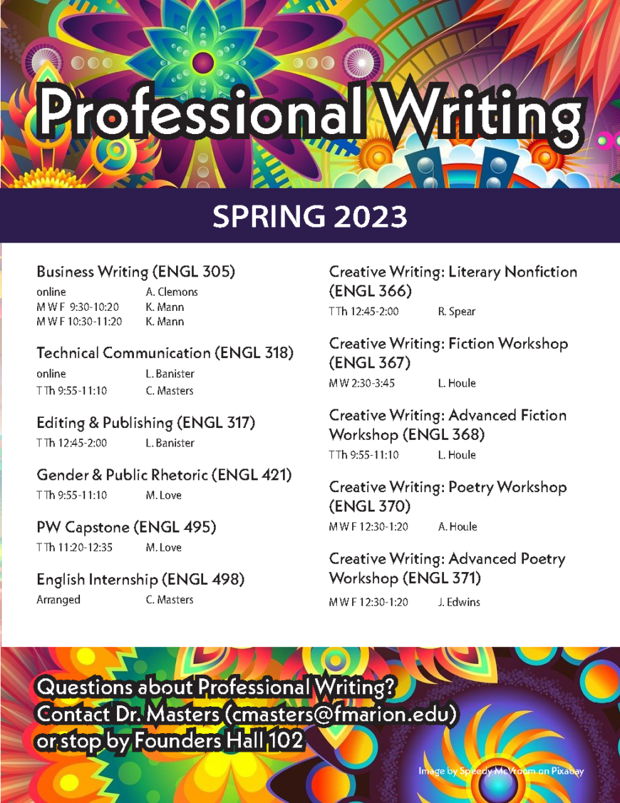 Flyer for Spring 2023 Professional Writing Classes