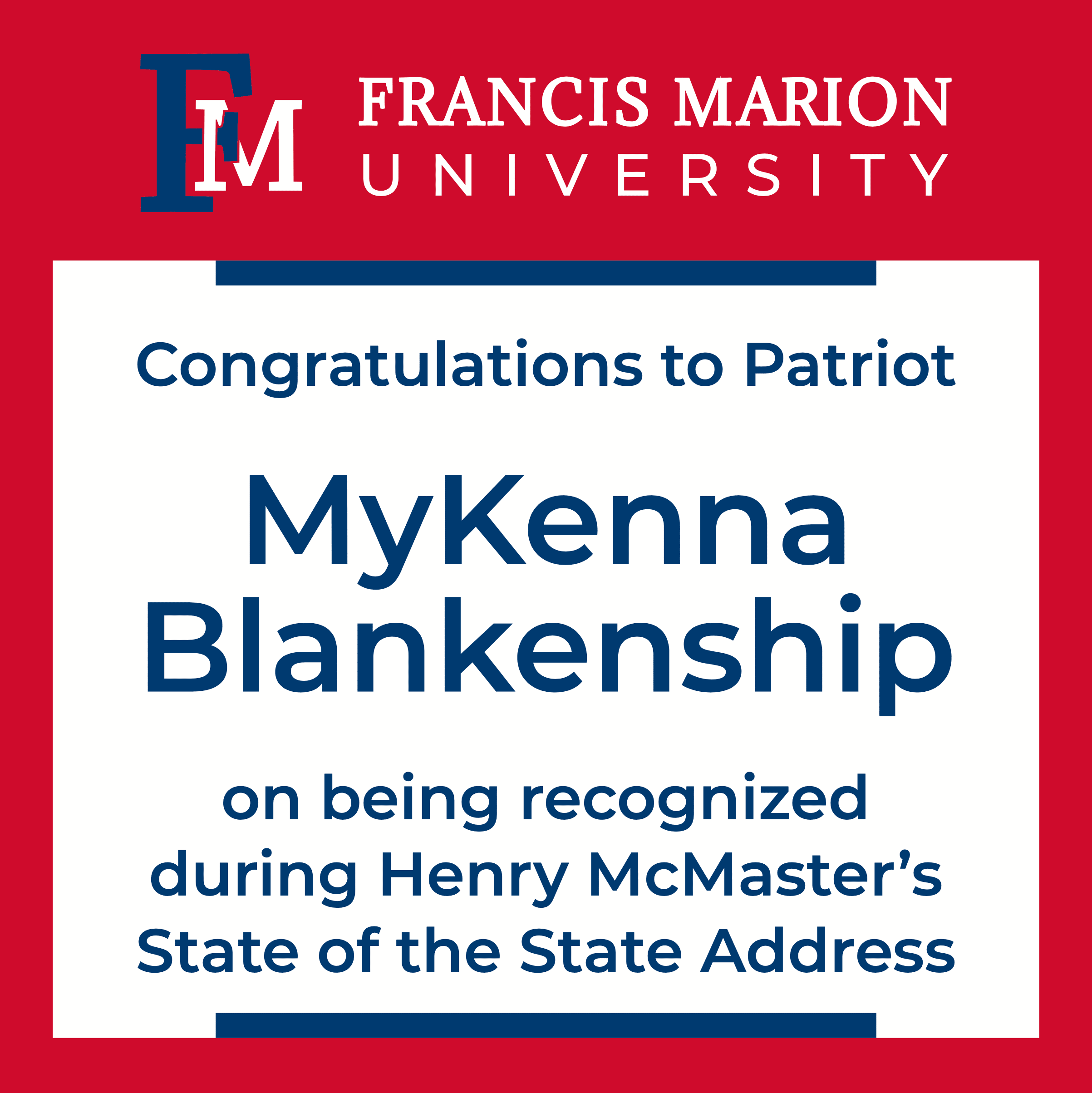FMU Alumna Blankenship Recognized During McMaster’s State of the State Address